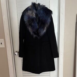 Fabulous Furs Black Coat with Blue Faux Fur Collar